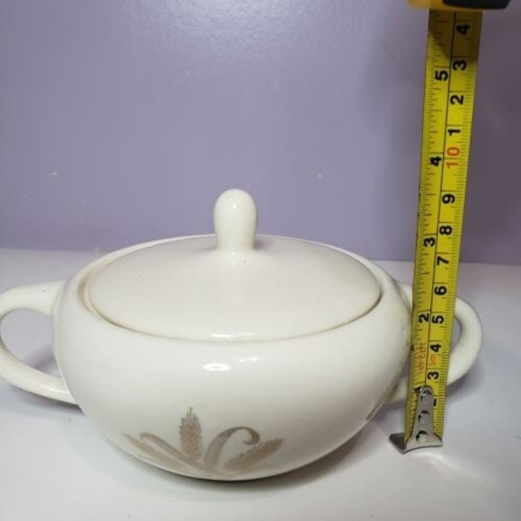 Sugar Bowl w Lid Wheat Pattern Gold Gild Handles Creme / Off White ( 2.25 ×7" ) - Picture 9 of 15